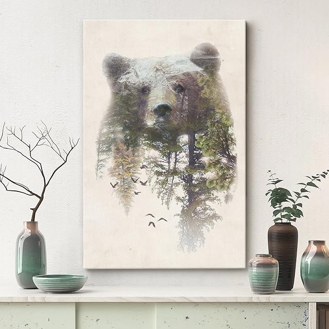 SIGNWIN Canvas Wall Art Bear and Spring Forest Double Exposure Photography Animals Wildlife Digital Art Modern Art Rustic Portrait Edgy for Living Room, Bedroom, Office - 32x48 inches