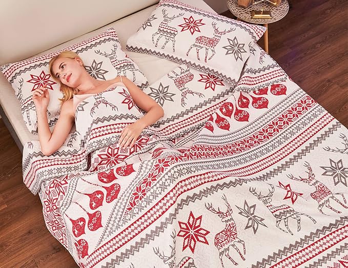 Jessy Home Christmas Quilt Set King Size Bedding Xmas Bedspread Coverlet Holiday Deer Snowflake Decor Soft Lightweight Bedding,Red White
