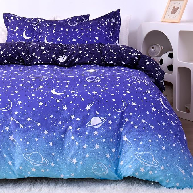 JSD Blue Stars Kids Duvet Cover Set Twin Size, 2 Piece Boys Space Theme Microfiber Comforter Cover with Pillow Sham Zipper Closure, Comforter Not Included