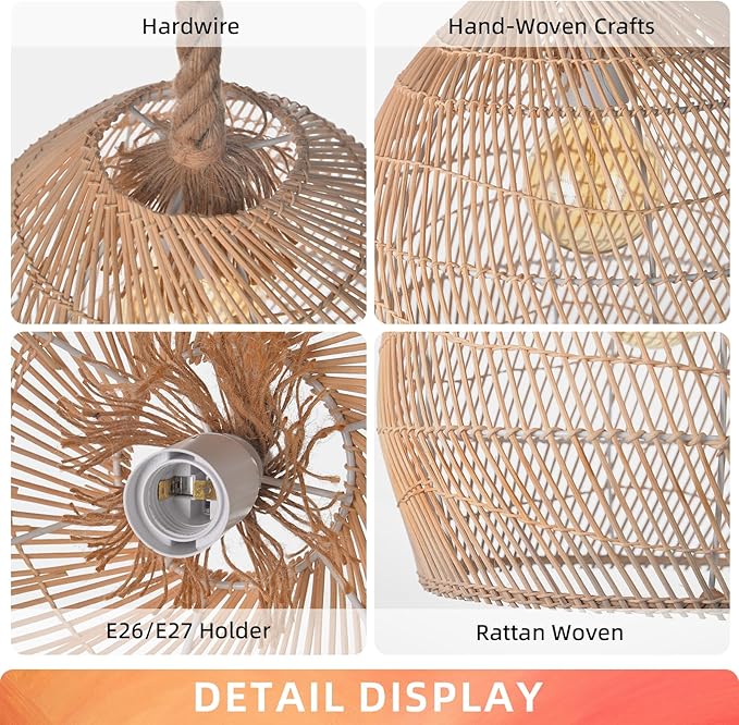 Arturesthome Mini Natural Rattan Pendant Light for Kitchen Island, Woven Lamp Shade Chandelier, Handmade Hanging Ceiling Light Lampshade, Rope Lamp D 9.8inx10.6in