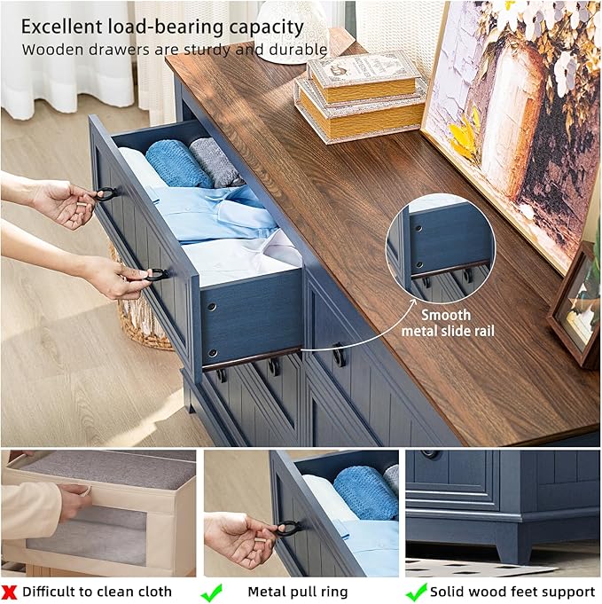 Farmhouse Living Room Sets, Night Stands Set of 2 and 6 Drawers Dresser for Bedroom, 54 Inch Wide Wood Dresser and 18.1" Night Stands with Charging Station for Bedroom, Living Room, Hallway