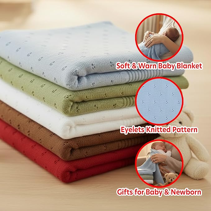Baby Knit Blanket, 100% Cotton Eyelet Patterns, Soft, Cozy, Lightweight Swaddle for Newborn & Infant Swaddling Beige Neutral, Perfect Baby Shower Ideas Baby Blue 28x36