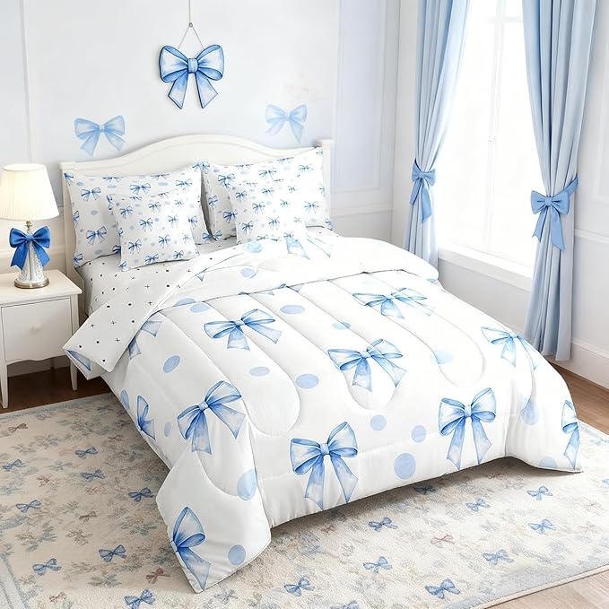 7 Pieces Blue Bowknot Kids Comforter Twin Size,Geometric Dots Bow Tie Patchwork Romantic Bedding Set,Bow Knot Princess Cute White Chic（Comforter+Fitted+Flat+2 Pillowcases+2 Throw Pillow Covers）