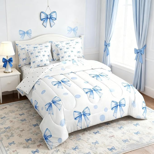 7 Pieces Blue Bowknot Kids Comforter Queen Size,Geometric Dots Bow Tie Patchwork Romantic Bedding Set,Bow Knot Princess Cute White Chic（Comforter+Fitted+Flat+2 Pillowcases+2 Throw Pillow Covers）