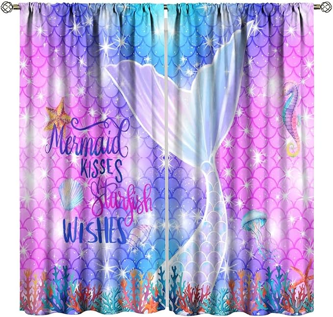 Kids Fantasy Mermaid Curtains Dream Colorful Mermaid Fish Tail Scale Fantasy Ocean Theme Window Treatment for Girls Bedroom Nursery Room Decor Window Drapes 63" W X 63" L