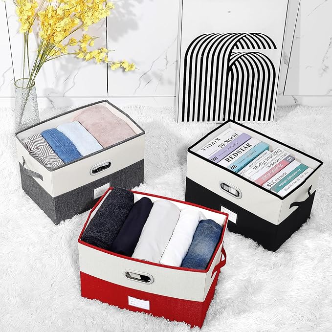 Large Linen Fabric Foldable Storage Bins with Removable Lid and Handles, Washable Storage Box Organizer Containers Baskets Cube with Cover for Bedroom,Office(Red&Cream, Large(2-Pack))