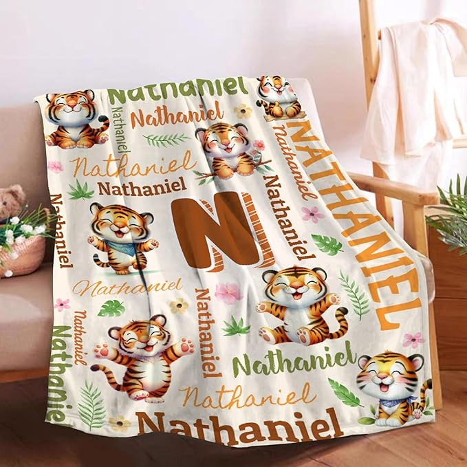 Personalized Custom Tiger Blanket Gifts for Kids Boys Girls with Name - Customized Tiger Super Soft Lightweight Flannel Sheets Decor for Crib Nap Couch - 60"x80" for Adult