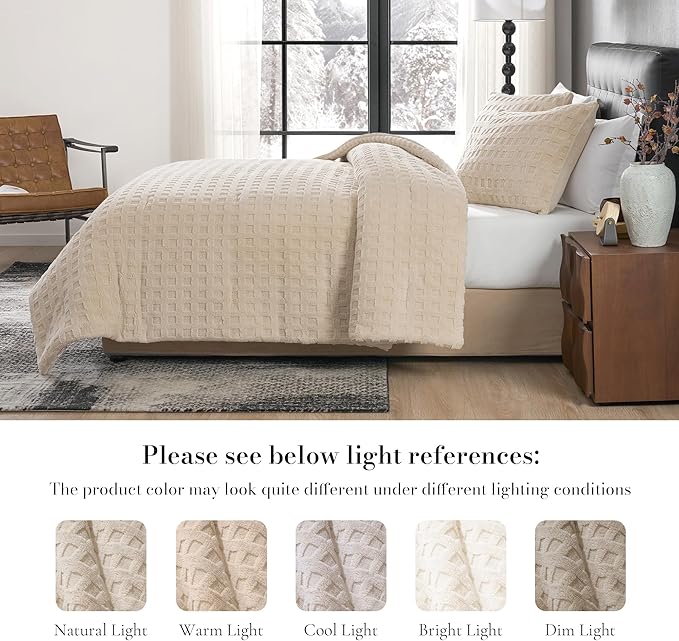 Amélie Home Waffle Comforter King Size Set, Khaki Fleece Beding Set, Fluffy Plush Bedding Set for Winter，Super Soft Warm,3 Pieces, 1 Cozy Comforter and 2 Pillowcases