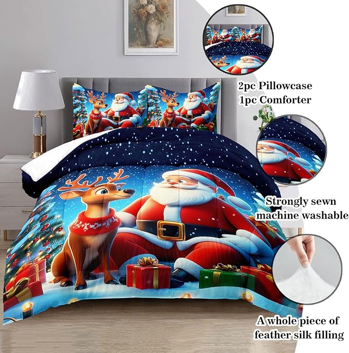 Raphus cucullatus Christmas Bedding Queen,Christmas Comforter Set,Santa Claus Decor Holiday Bedding Winter Quilt,Santa Claus Comforter Set,Snowflake Navidad Quilt Set,Cute Reindeer Quilt