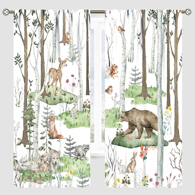 YCness Woodland Animals Curtains, Wild Animals Watercolor Forest Bear Deer Fox Rabbit Floral Nature Window Treatments for Bedroom Kitchen Nursery Living Room Drapes, 42x63 Inch