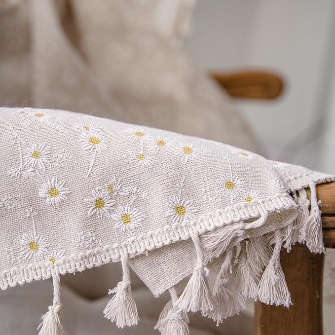 ENJOYBRIDAL Daisy Floral Curtains 63 Inch Length 4 Panels Short Drapes Tassel Rod Pocket Semi Sheer Boho Window Curtain Panels Bedroom Living Room Farmhouse Rustic Bohemian Window Treatment