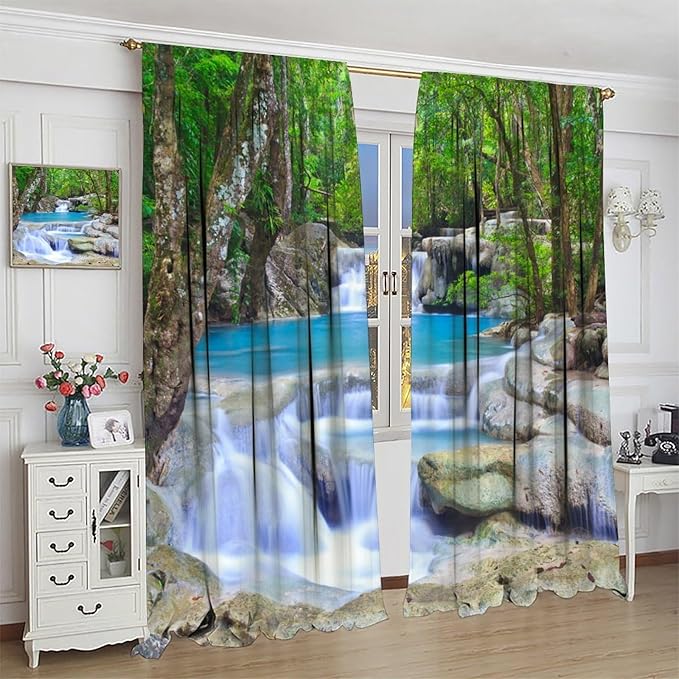Forest Waterfall Blackout Curtains, Spring Nature Theme Natural Scenery Mountain Scenery Rod Pocket Window Drapes, for Bedroom Living Room 42" W X 54" L