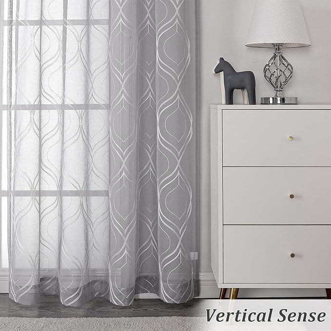 VISIONTEX White Sheer Curtains 108 Inches Long 2 Panels Set Grey Moroccan Embroidered Curtains Trellis French Textured Rod Pocket Voile Tulle Semi Window Drapes for Bedroom Living Room 54 x 108 Inch