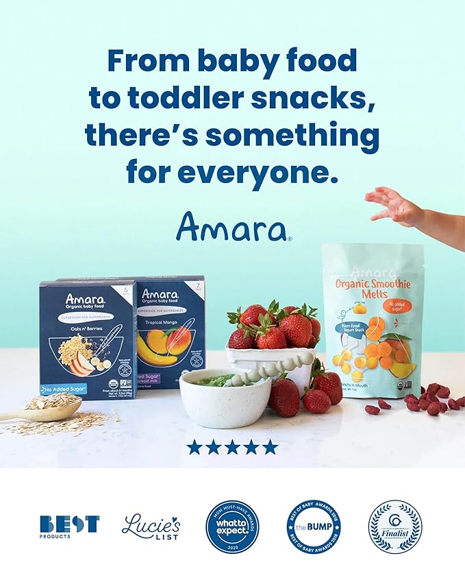 Amara Organic Baby Food - Stage 2 - Applesauce & Maqui Berry - Baby Cereal to Mix With Breastmilk, Water or Baby Formula - Shelf Stable Baby Food Pouches Made from Organic Fruit - 10 Pouches, 3.5oz Per Serving