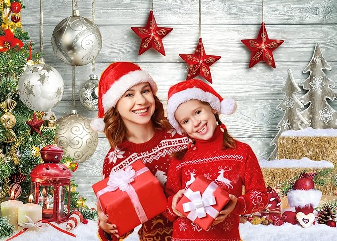CYLYH 7X5FT Christmas Backdrop White Wood Floor Photography Backdrop Winter Snow Christmas Balls Xmas Tree Gift Family Party Photo Background New Year Party Banner Backdrop