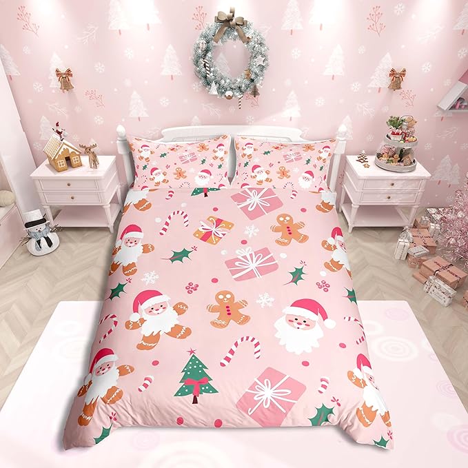 Feelyou Merry Christmas Bedding Set Cookies Candy Duvet Cover Set for Kids Boys Girls Pink Christmas Comforter Cover Quilt Cover Bedroom Collection 3Pcs King Size,No Comforter
