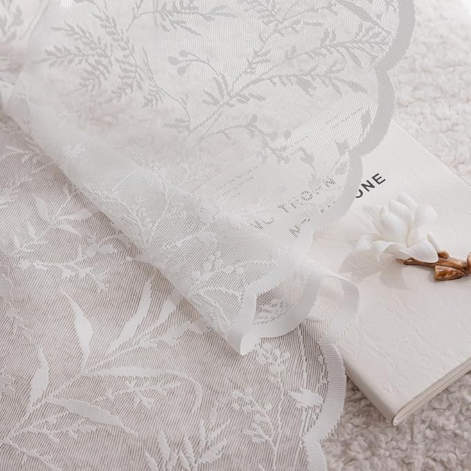 Anmao Vintage Lace Curtains 72 Inches Long 2 Panels Set, Romantic Elegant Light Filtering Semi Sheer Floral Thick Lacy Curtain Drapes for Living Room and Bedroom, Each Panel 55W x 72L, White Leaves