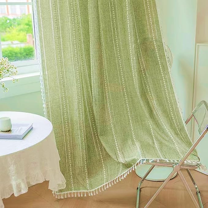 Deeprove Green Boho Curtains 108 Inches Long for Bedroom Living Room, Farmhouse Bohemian Embroidery Hollow Cotton Linen French Rustic Window Treatment Tassel Privacy Drape, W52 x L108 1 Panel