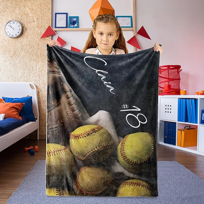 Personalized Baby Softball Bed Blanket: Custom Name and Number Sport Blankets for Toddler Boys Girls Adults Birthday Mothers Fathers Easter (50x60inch)