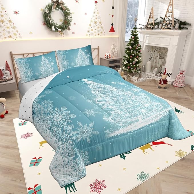 Merry Christmas Comforter Set Toddler Size,Shiny Glitter Xmas Pine Trees White Dots Decor Bedding Set for Kids Boys Girls,Blue Stars Snowflake Prubr Quilted Duvet Set with 1 Pillowcase, Soft