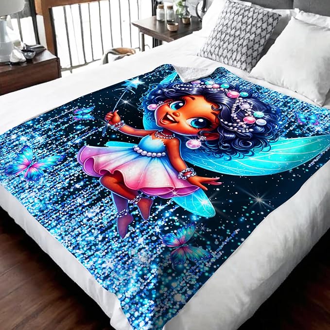 Girls Fairy Blanket, Fairy Throw Gift for Kids Daughter Birthday, 50x60 Inches Lightweight Soft Cute Black Throw Blankets for Sofa Couch Living Room Bed