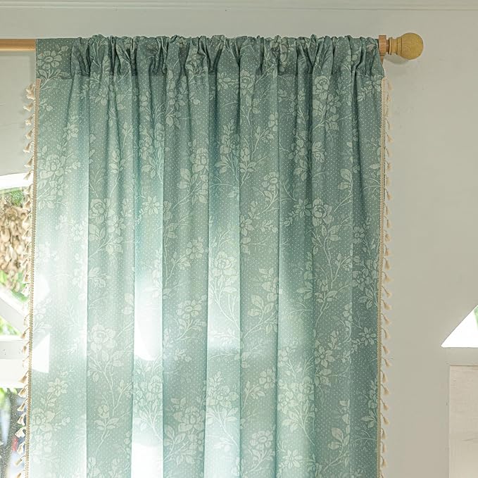 ENJOYBRIDAL Floral Curtains 96 Inch Long Sage Green Farmhouse Drapes Living Room Bedroom Semi Sheer Rod Pocket Window Curtain Panels Rustic Boho Retro 2 Panel Sets Window Treatments