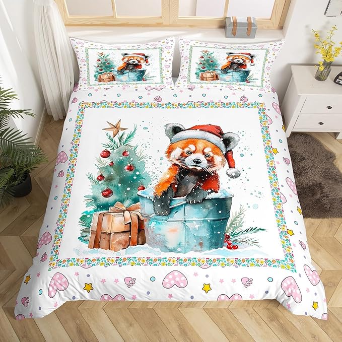 Feelyou Christmas Duvet Cover Set Xmas Tree Bedding Set for Kids Boys Girls Red Panda Love Print Comforter Cover Cute Animal Quilt Cover Room 3Pcs Full Size,Zipper,No Comforter