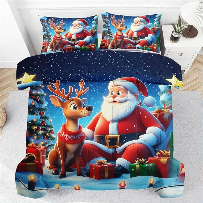 Raphus cucullatus Christmas Bedding Full,Christmas Comforter Set,Santa Claus Decor Holiday Bedding Winter Quilt,Santa Claus Comforter Set,Snowflake Navidad Quilt Set,Cute Reindeer Quilt
