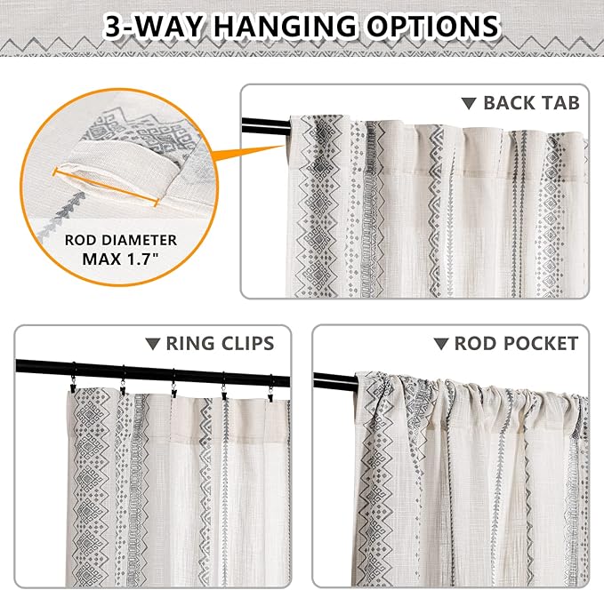 MEETSKY Boho Curtains 84 Inches Long Curtains for Living Room Bohemian Geometric Printed Cotton Curtain Light Filtering Linen Style Rod Pocket Window Back Tab Drape for Dining Room 2 Panels