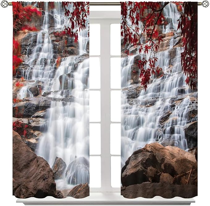 Waterfall Blackout Windows Curtains, Waterfall Red Forest Pattern Nature View Curtains, for Living Room Bedroom 63x72in 2 Panels