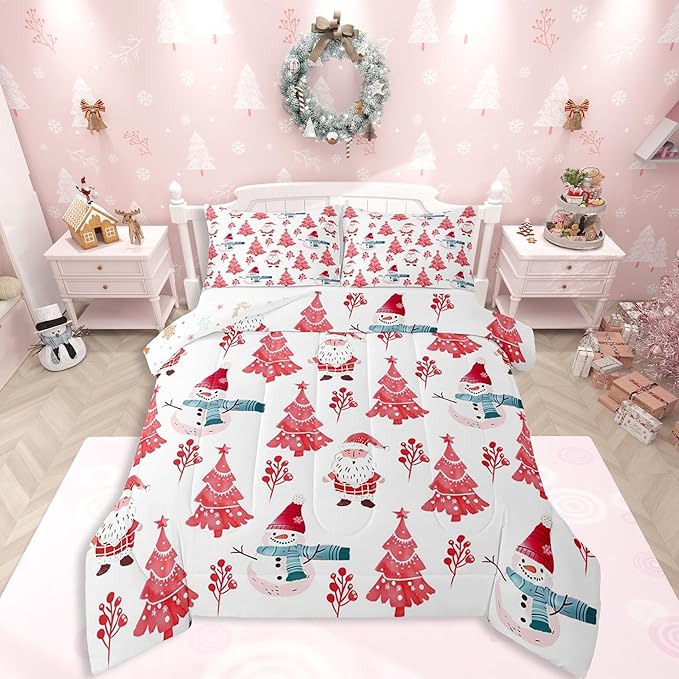 Feelyou Merry Christmas Comforter Set All Season Xmas Tree Snowman Bedding Set with 1 Pillow Cases Santa Claus Microfiber Kids Twin Bedclothes Bedroom Decor Duvet Quilt Breathable Soft