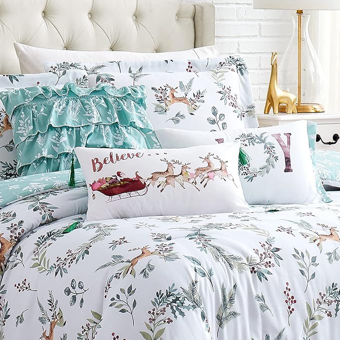 Southshore Fine Living, Inc. 6-Piece Reversible Christmas Bedding Queen, White Christmas Comforter Set Queen Size/Full, 2 Throw Pillows, 2 Shams, 1 Throw Pillow Cover, Holiday Bedding - Happy Holidays