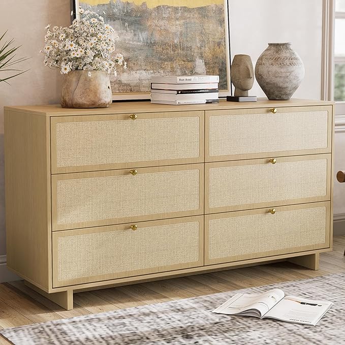 6 Drawer Dresser for Bedroom, 57in Wide Rattan Dresser, Boho Chest of Drawers, Wooden Chest with Clothes Storage Cabinet, Drawer Organizer for Bedroom, Living Room, Hallway, Natural Oak