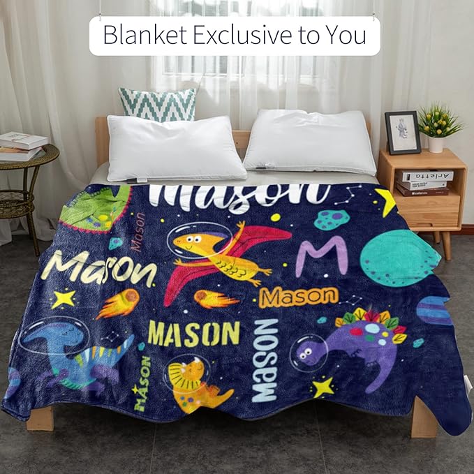 Custom Dinosaur Blanket for Boys, Personalized Name Blanket for Kids Dino Outspace, Soft Flannel Dinosaur Customized Gift for Birthday Christmas Baby Shower Children Day 40"x50"
