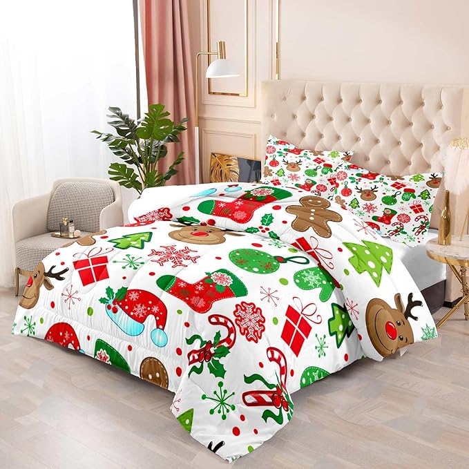 LUVIVIHOME 2PCS Christmas Comforter Set Twin Size, Boys Girls Kids Bedding, Cute Reindeer Snowflake Gingerbread Candy Cane Snowflake Holiday Christmas Bedding, Green Red White Quilt, 1 Pillow Sham