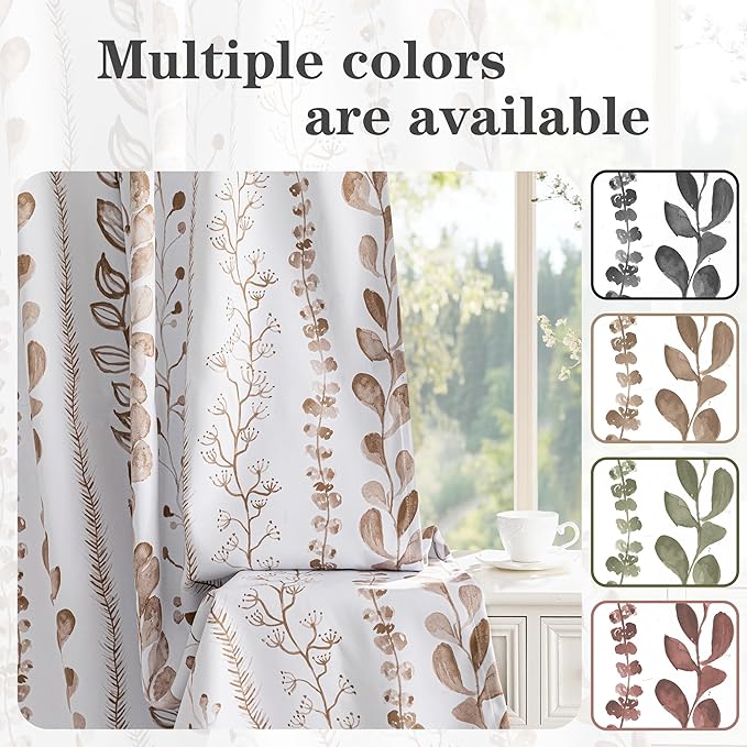 MEETSKY Blackout Curtains 84 Inches Long Leaves Patterned Farmhouse Thermal Insulated Privacy Protection Drapes with Rod Pocket Back Tab for Bedroom Living Room, 2 Panels, 50" Wide, Khaki