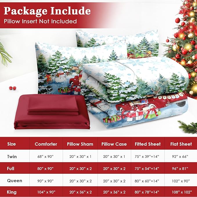 5 Pcs Twin Size Christmas Comforter Set with Pillowcase & Sham, Red Vintage Truck Snowman Bedding for Kids and Adults, Winter Snow Forest Elk Bed in a Bag with Flat Fitted Sheet