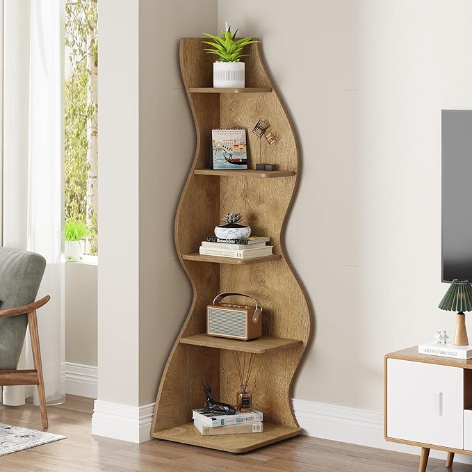 Tribesigns Corner Shelf, Modern 5-Tier Wall Corner Bookshelf, Stylish Corner Small Bookcase Storage Rack Plant Stand with Unique Shape for Living Room, Home Office (Light Brown, 1PC)