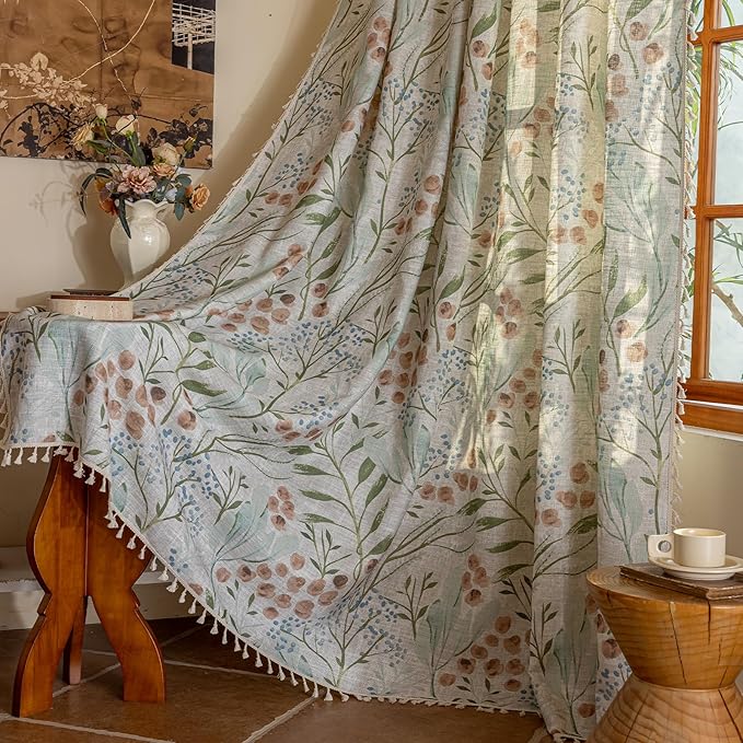 ENJOYBRIDAL Floral 84 Inch Curtains for Bedroom Decor Drapes Floor Length Semi Sheer Rod Pocket Living Room Window Curtain Panels Light Filtering Boho 4 Panels Tassel Vintage Window Treatments