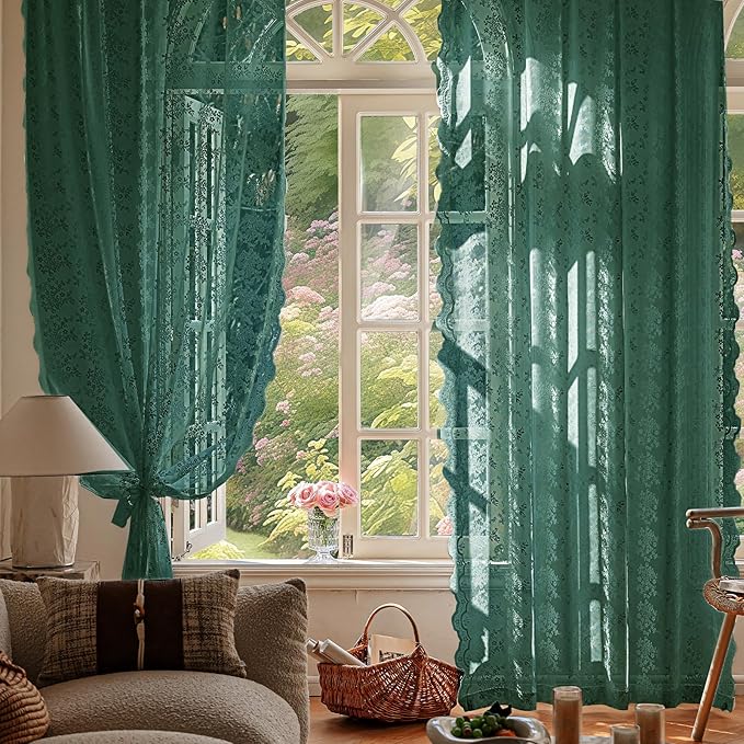 Anmao Vintage Lace Curtains 108 Inches Long 2 Panels, Romantic Semi Sheer Floral Lacy Curtain for Living Room, Elegant Window Drapes for Bedroom, Each Panel 55W x 108L, Turquoise