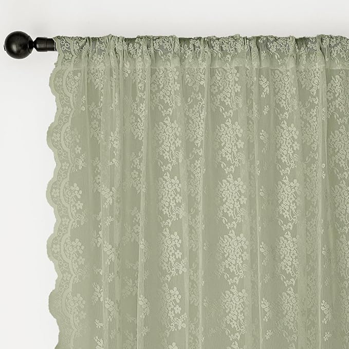 Anmao Vintage Lace Curtains 84 Inches Long 2 Panels Set, Romantic Elegant Light Filtering Semi Sheer Floral Thick Lacy Curtain Drapes for Living Room and Bedroom, Each Panel 55W x 84L, Dry Grass Green