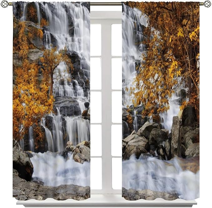 Autumn Tree Leaf Blackout Curtains, Landscape Nature Forest Lake Waterfall Rod Pocket Window Drapes, for Bedroom Living Room 84" W X 84" L