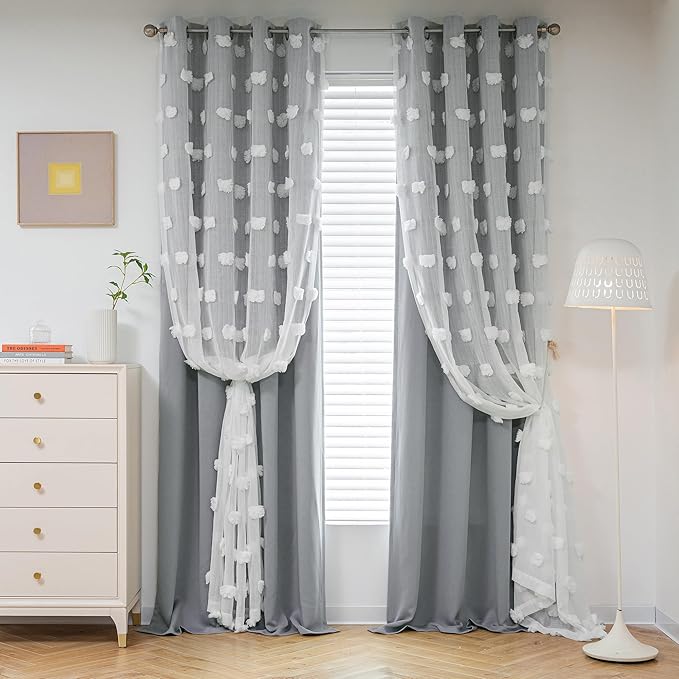 MYSKY HOME Grey Curtains for Bedroom 63 Inch Long Curtains for Kids Room Double Layer Nursery Curtains White Pom Pom Sheer Dining Room Grommet Room Darkening Window Curtains 2 Panels Set, 52 x 63 in