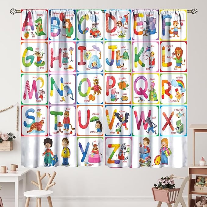 Kids Alphabet Curtains Cartoon Animal Funny Education Learning Curtain with Rod Pocket for Bedroom Nursery Children Toddler Decor Drapes Window Treatments 2 Panels Set 52" W X 84" L
