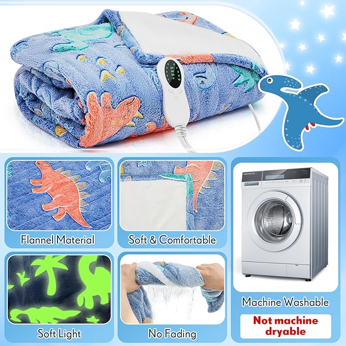 Kids Heated Blanket Glow in The Dark Dinosaur Heating Blanket Girls Boys Children 50"x60" Electric Blankets with 10 Heating Levels & 8 Hours Auto Off Etl Certified Machine Washable