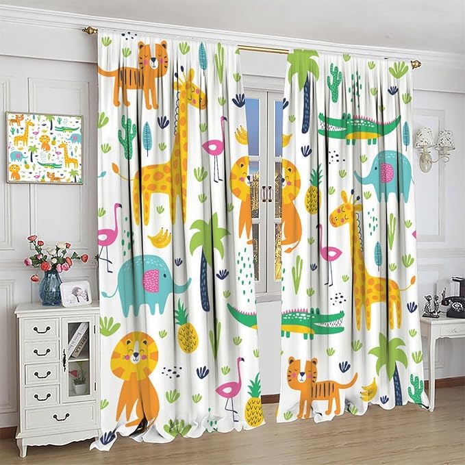 Kids Animals Blackout Curtains Cartoon Cute Abstract Fun Tropical Animals Art Printed for Children Girls Boys Bedroom Nursery Rod Pocket Decoration Window Drapes 2 Panels W42xL84in