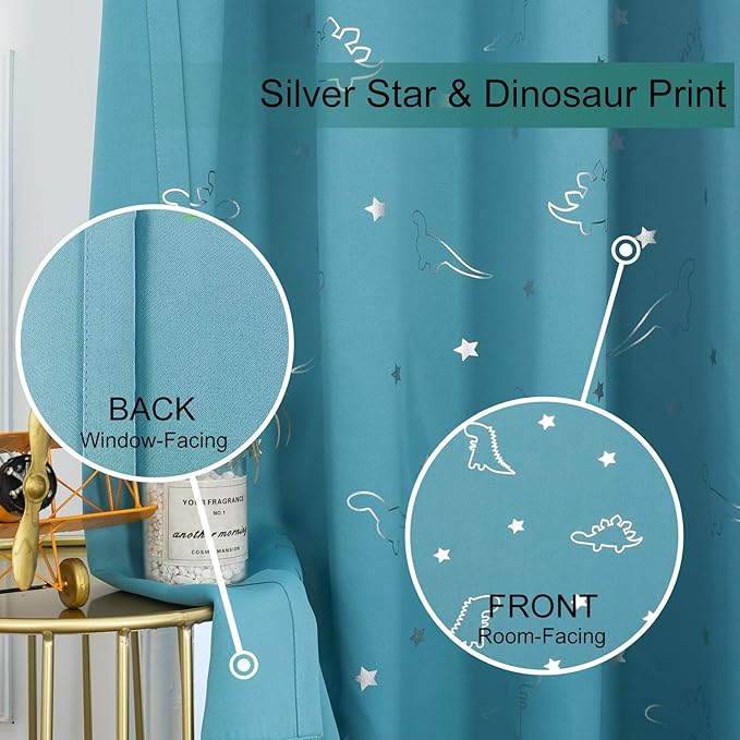 LORDTEX Dinosaur and Star Foil Print Blackout Curtains for Kids Room - Thermal Insulated Curtains Noise Reducing Window Drapes for Boys and Girls Bedroom, 42 x 84 Inch, Teal, Set of 2 Panels