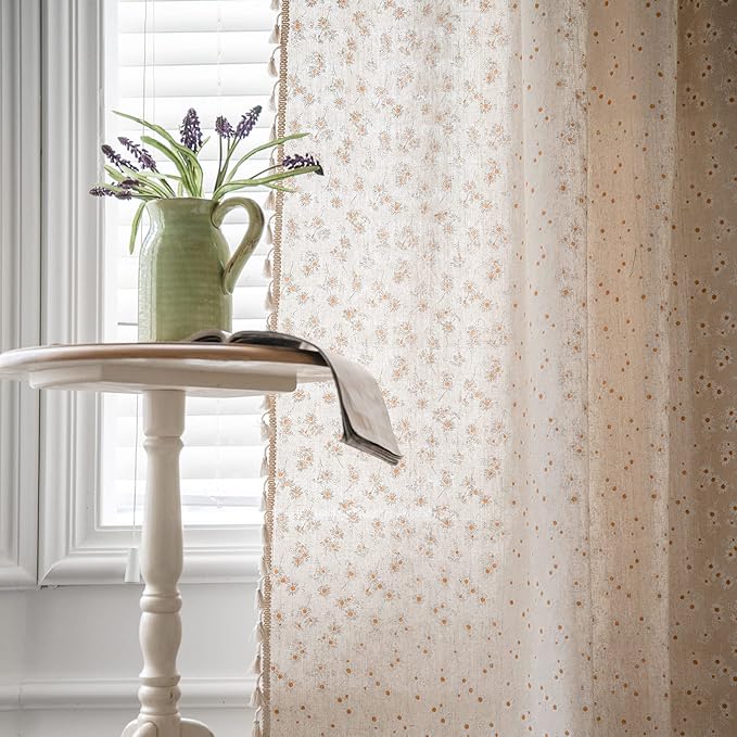 ENJOYBRIDAL Daisy Floral Curtains 96 Inch Length 4 Panels Tassel Long Drapes Rod Pocket Semi Sheer Boho Bedroom Window Curtain Panels Living Room Farmhouse Rustic Bohemian Window Treatment