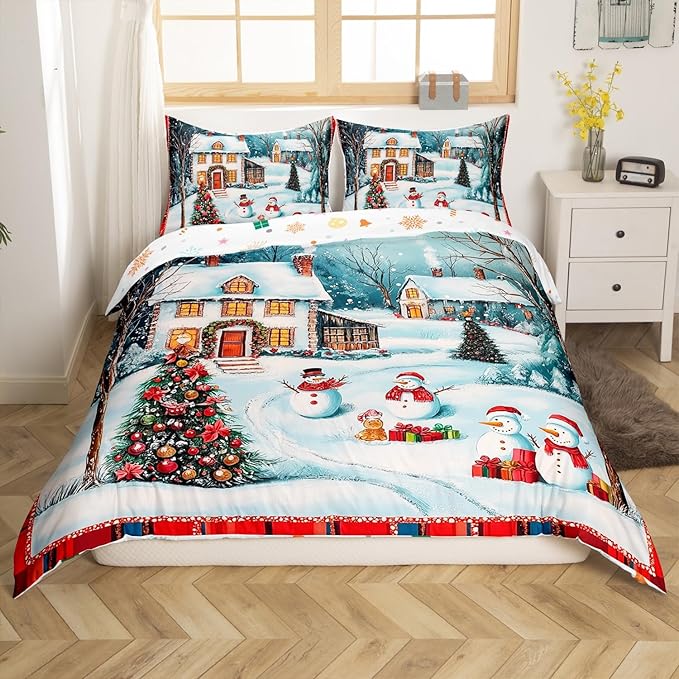 Manfei Christmas Duvet Cover Set Queen Size, Cute Snowman Xmas Tree Bedding Set for Kids Boy Girls Room Decor, New Year Theme Comforter Cover, Lightweight Bedspread Cover, 2 Pillowcases, No Comforter