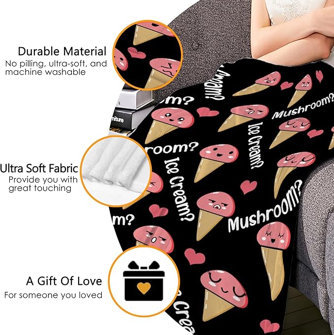 Thuswarm Mushroom Or Ice Cream Flannel Throw Blanket Warm Cozy Soft Funny Print Blankets for Bed Couch Sofa Room Decoration Gifts 60"×50" Medium for Teen